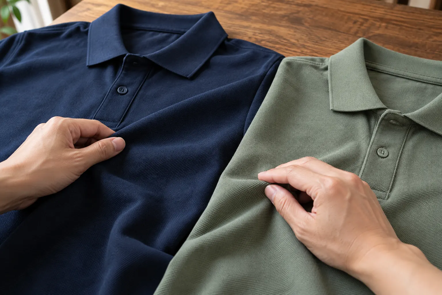 So sánh bề mặt hai mẫu áo polo đồng phục