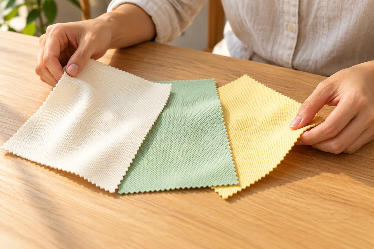 So sánh hai mẫu vải sáng màu khi đặt trước ánh sáng