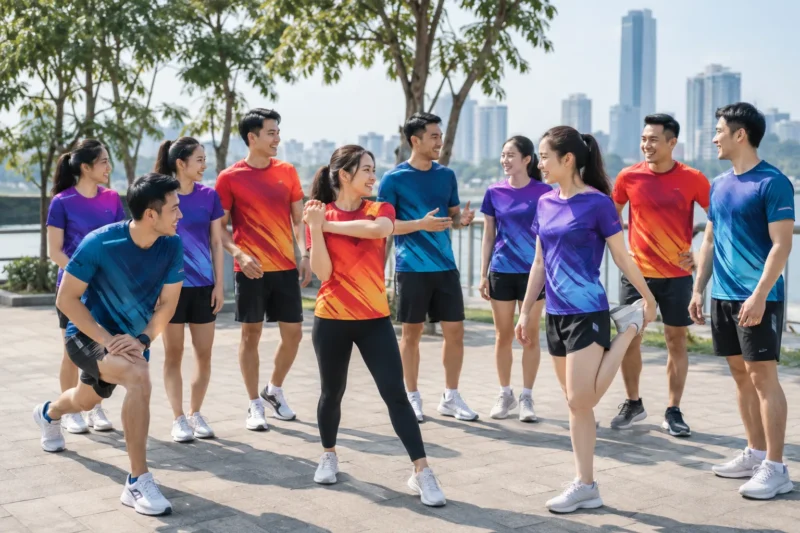 Tập thể mặc áo bằng vải Coolmax in chuyển nhiệt hoàn thiện