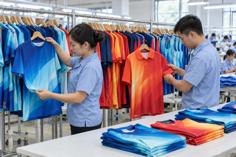 Thành phẩm áo in chuyển nhiệt toàn thân tại xưởng
