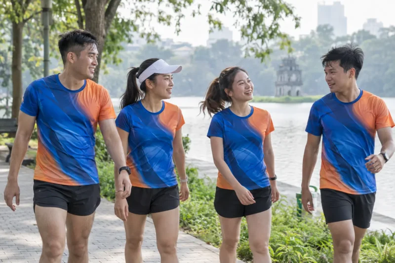 Thành viên câu lạc bộ mặc áo chạy bộ in chuyển nhiệt