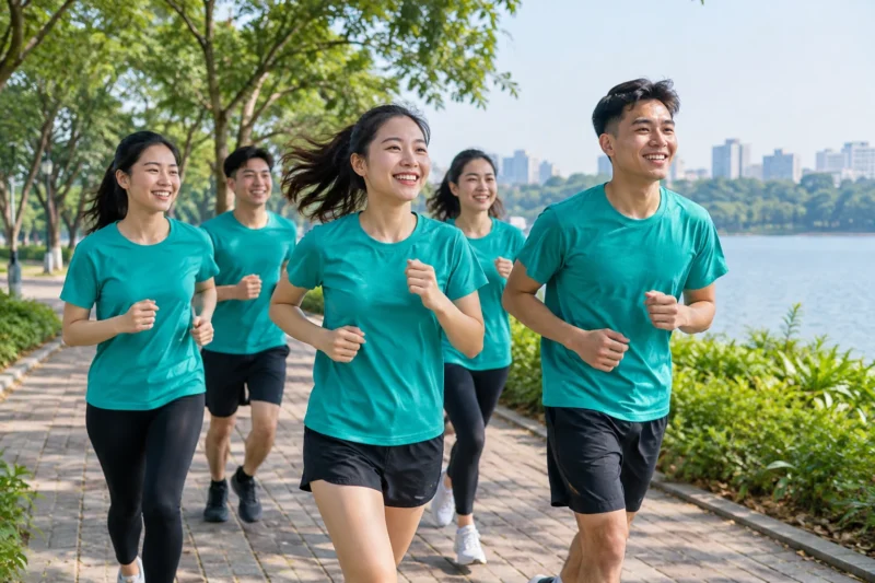 Thành viên mặc áo đồng phục đội nhóm khi hoạt động ngoài trời
