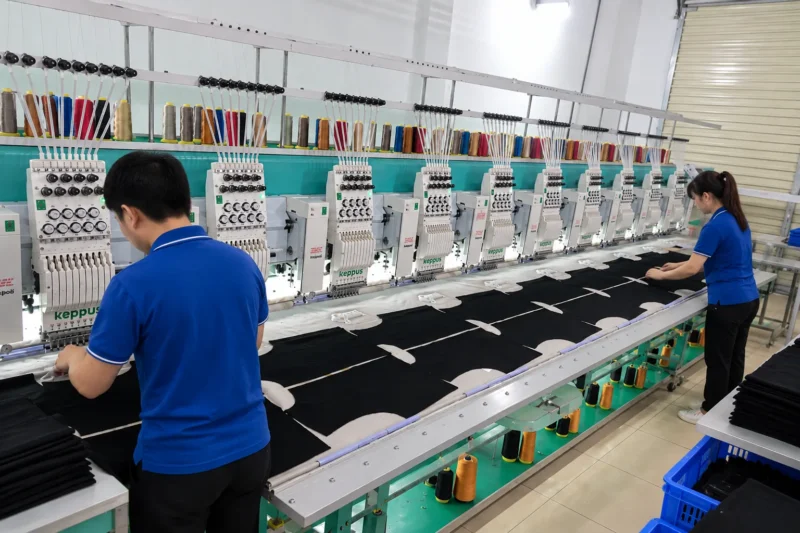 Thêu logo trên bán thành phẩm áo gió đồng phục