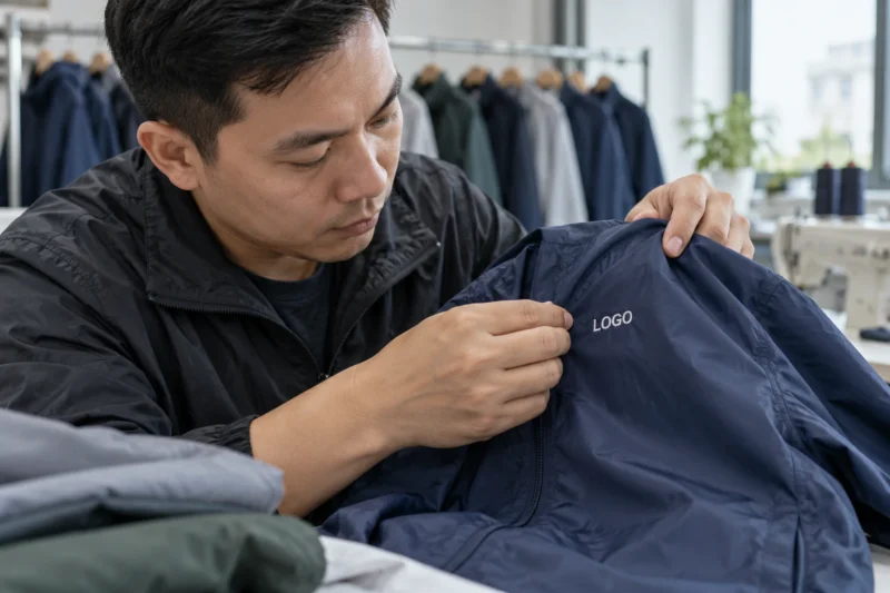 Thêu logo trên vải áo khoác gió