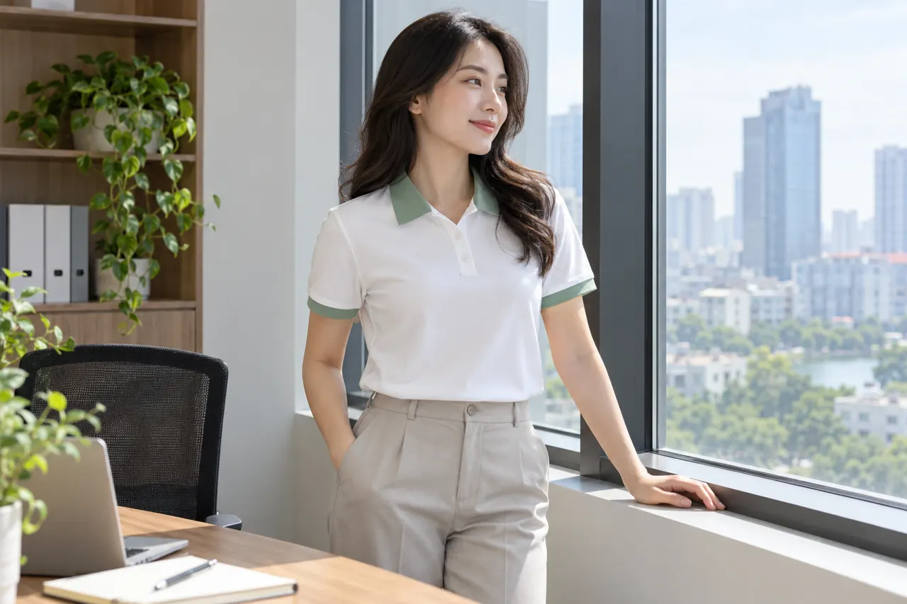 Thử áo polo trắng trong ánh sáng cửa sổ