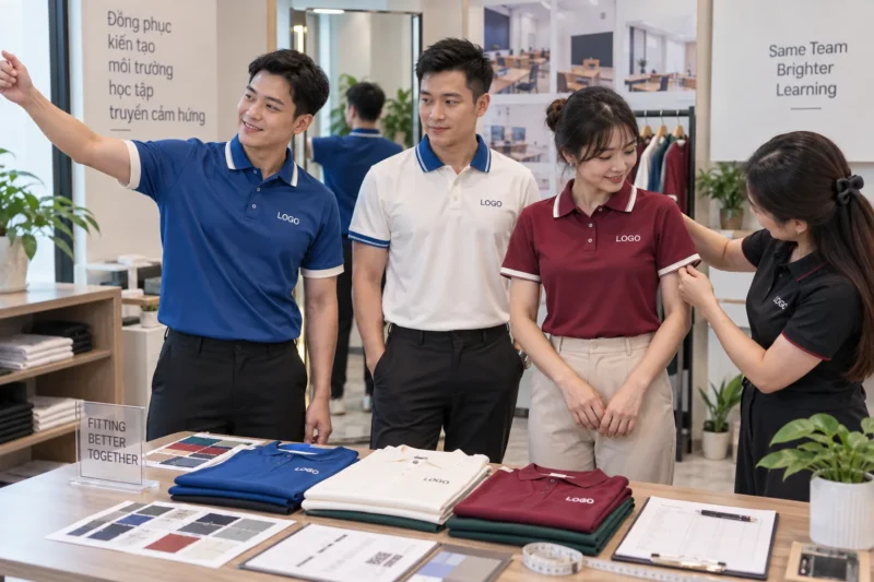 Thử size đồng phục giáo viên và nhân viên trung tâm ngoại ngữ