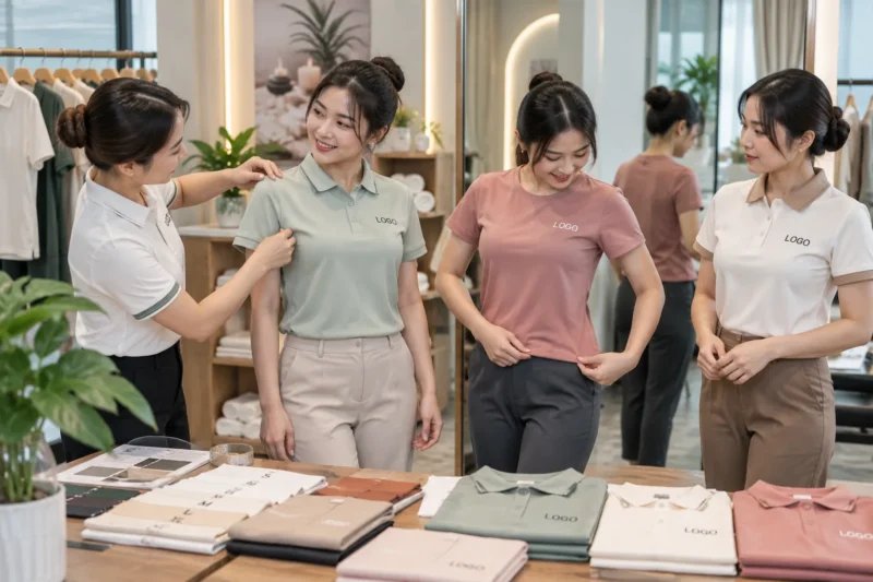 Thử size đồng phục nhân viên spa trước khi sản xuất