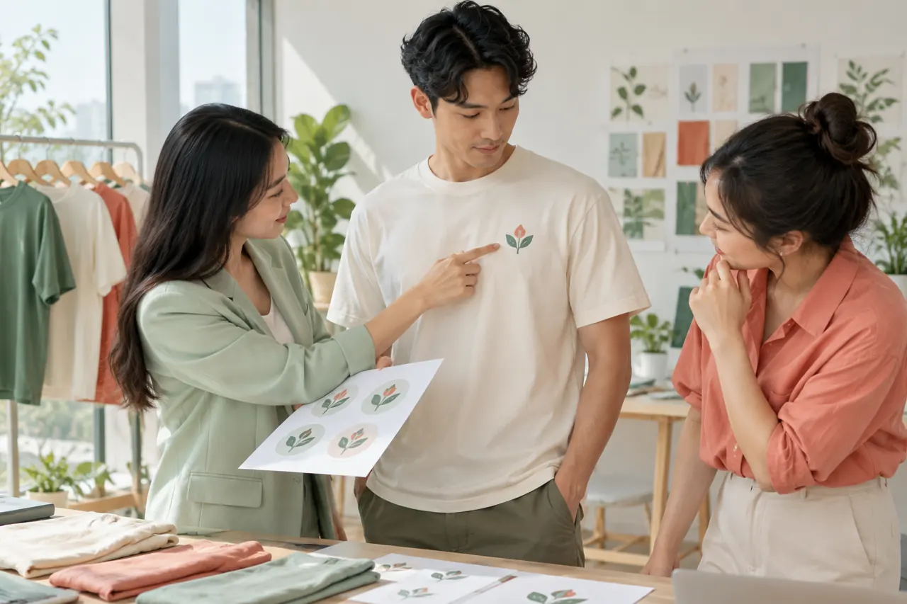 Tư vấn viên xem bố cục logo trên áo trơn