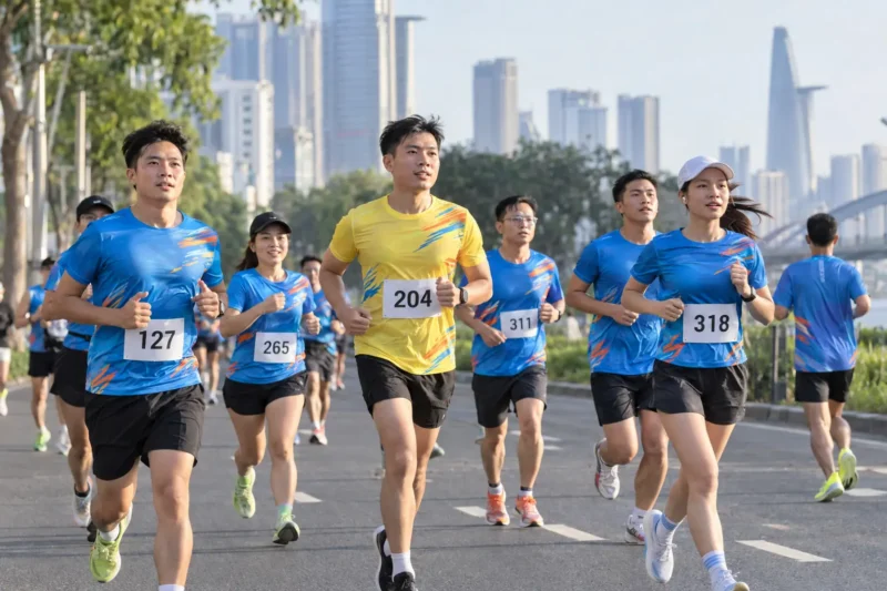 Vận động viên mặc áo giải chạy in chuyển nhiệt trong sự kiện