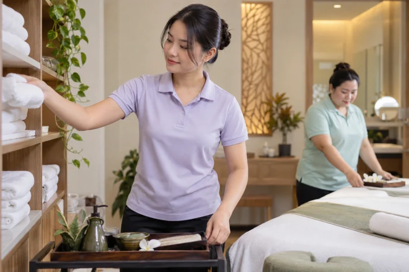 Vị trí logo trên áo đồng phục spa