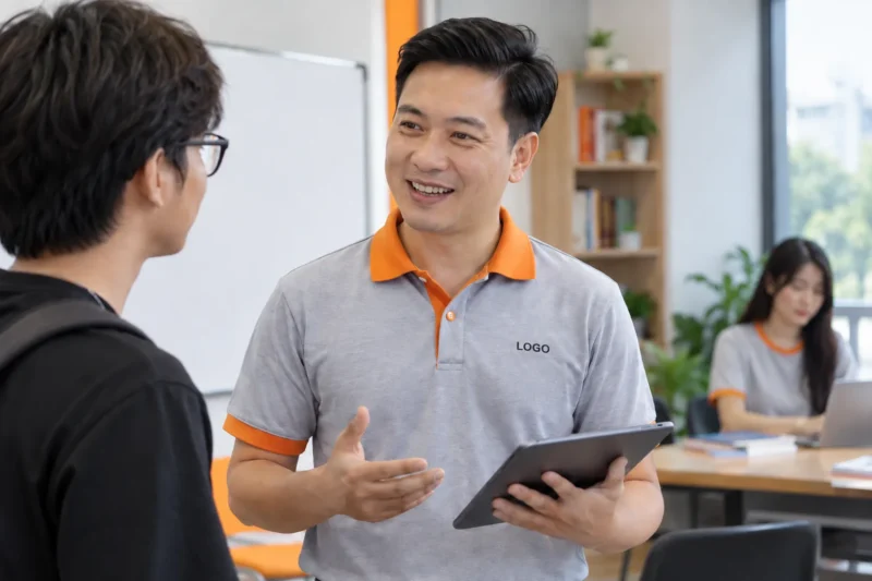 Vị trí logo trên áo đồng phục trung tâm ngoại ngữ