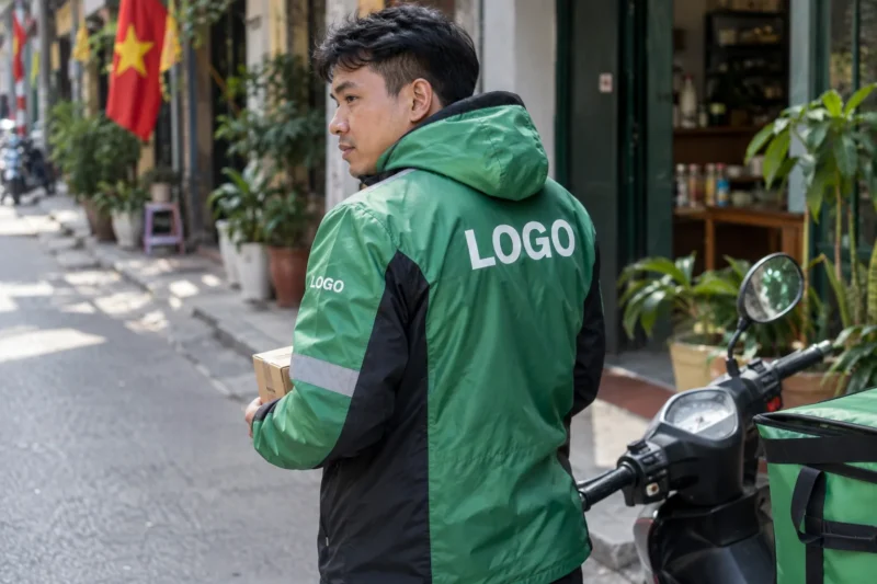 Vị trí logo trên áo khoác giao hàng chuẩn