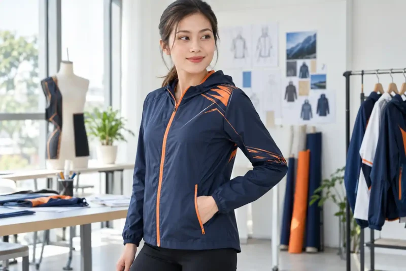 Vùng nối họa tiết trên áo khoác gió in chuyển nhiệt