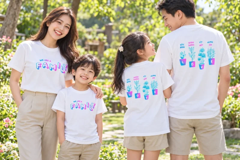 Áo gia đình in hình – We are a family và Family Vacation – Ảnh minh hoạ AI: gia đình mặc áo We are a family, thể hiện hình in trước và sau. – 4
