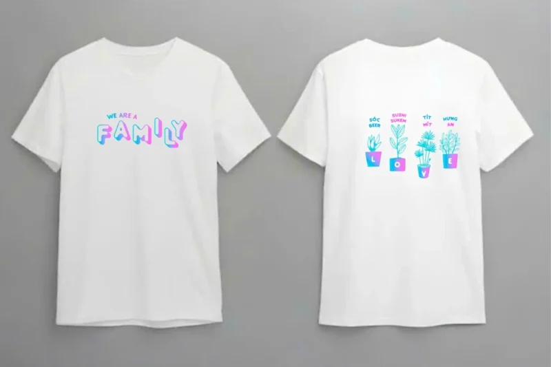 Áo gia đình in hình – We are a family và Family Vacation – Maket áo We are a family: chữ nhiều màu phía trước và bốn chậu cây LOVE phía sau. – 3