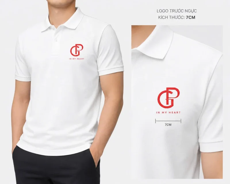 Áo kỷ niệm 25 năm ra trường THCS Giao Phong – Maket áo polo trắng với logo GP – IN MY HEART màu đỏ, ngang 7 cm tại ngực trái. – 2