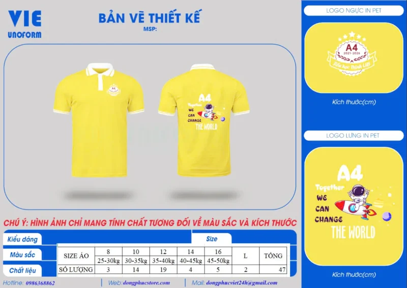 Áo lớp Tiểu học Thịnh Liệt – Các mẫu thực tế tại VIE – Maket áo polo A4 Tiểu học Thịnh Liệt; bảng size lưu theo bản thiết kế. – 4