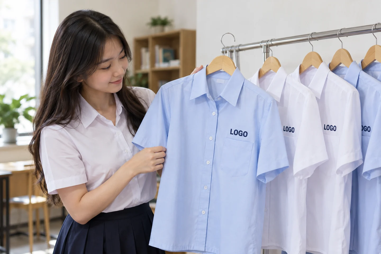 Áo lớp trắng xanh với logo