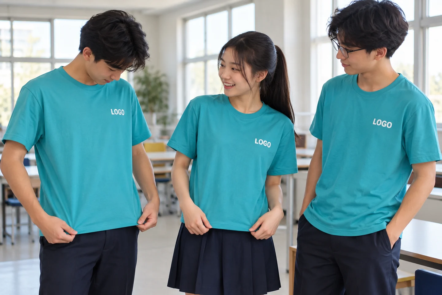 Áo lớp xanh ngọc trong phòng học