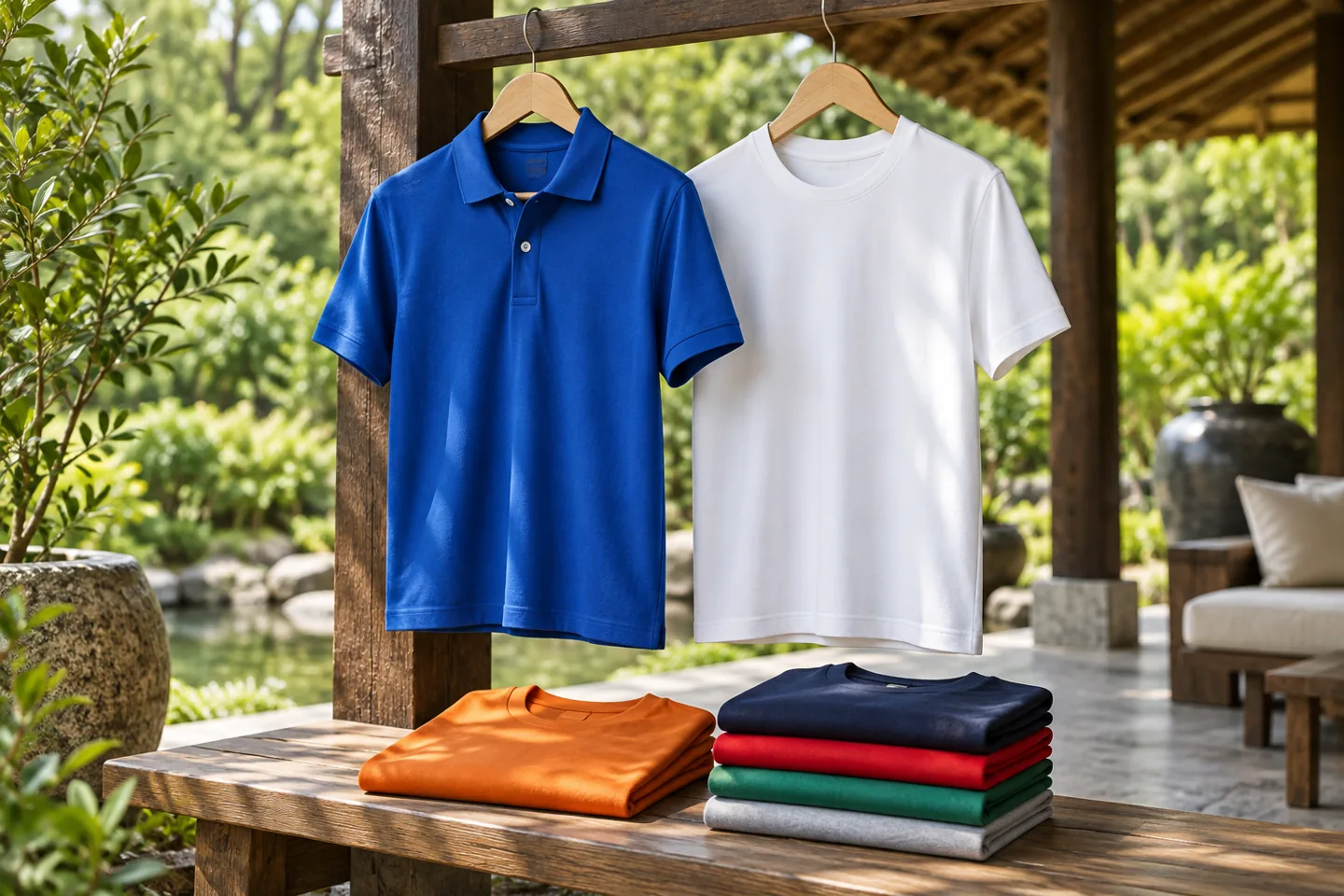 Áo polo xanh dương và áo cổ tròn trắng cho các đội team building