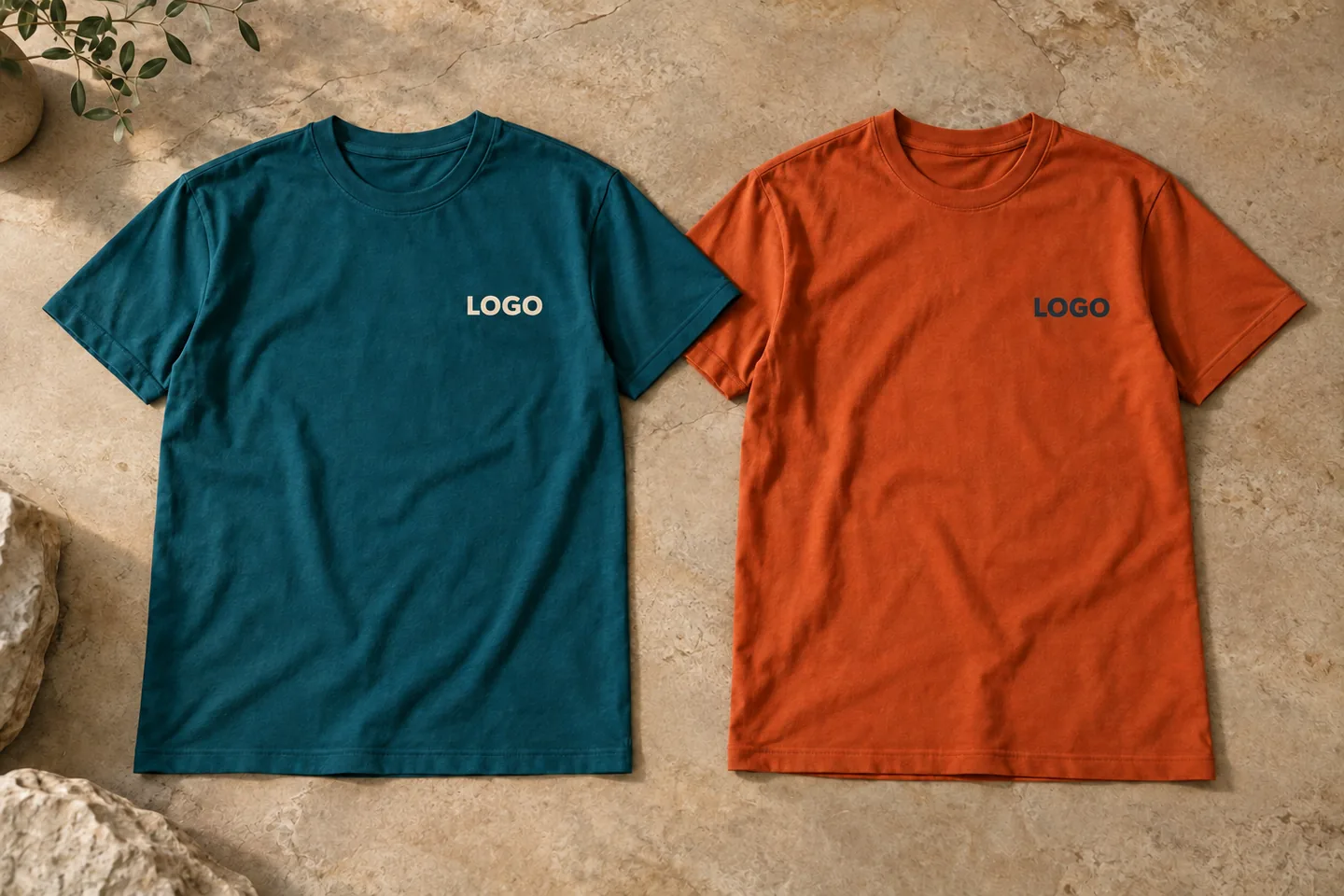 Áo sự kiện cổ tròn xanh và cam in chữ LOGO ở ngực