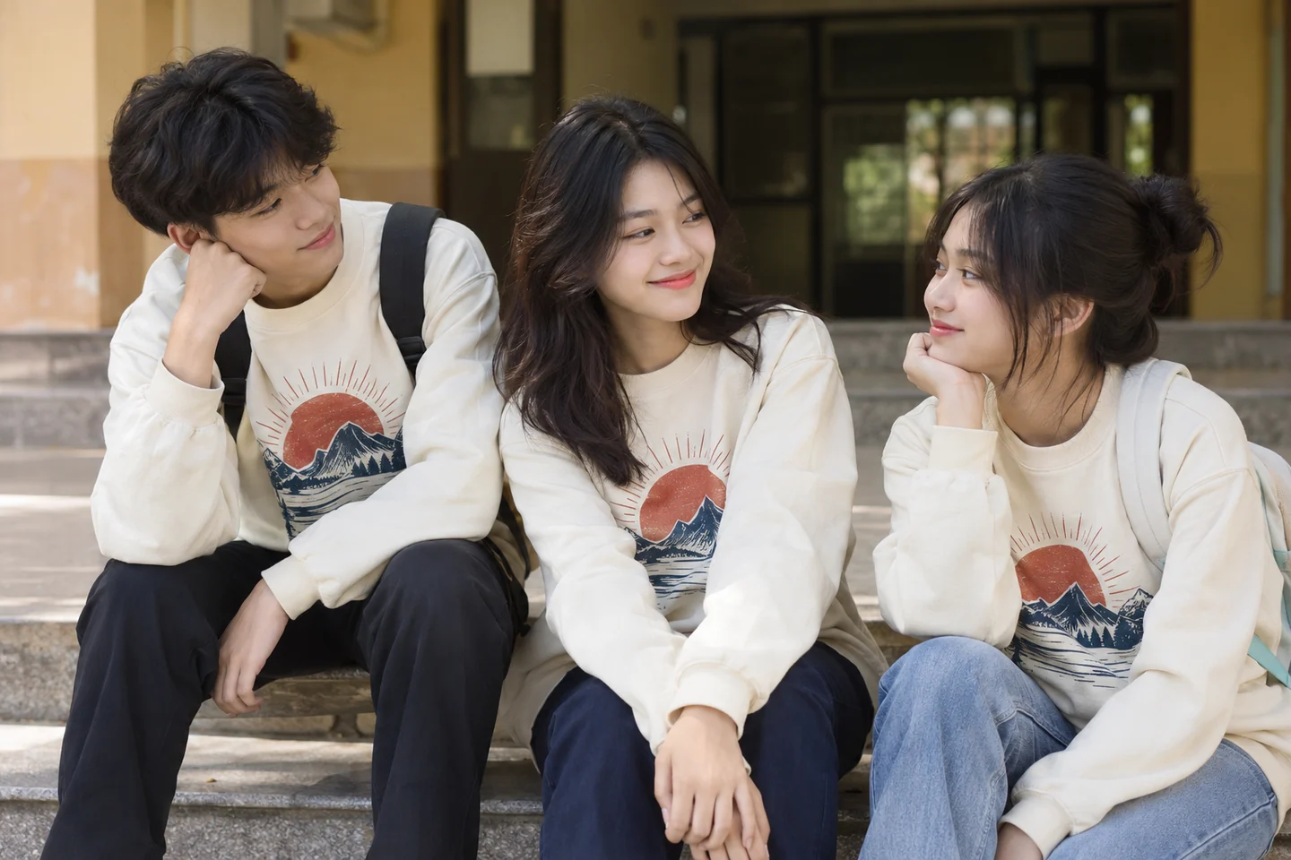 Ba bạn trẻ mặc áo nỉ họa tiết retro
