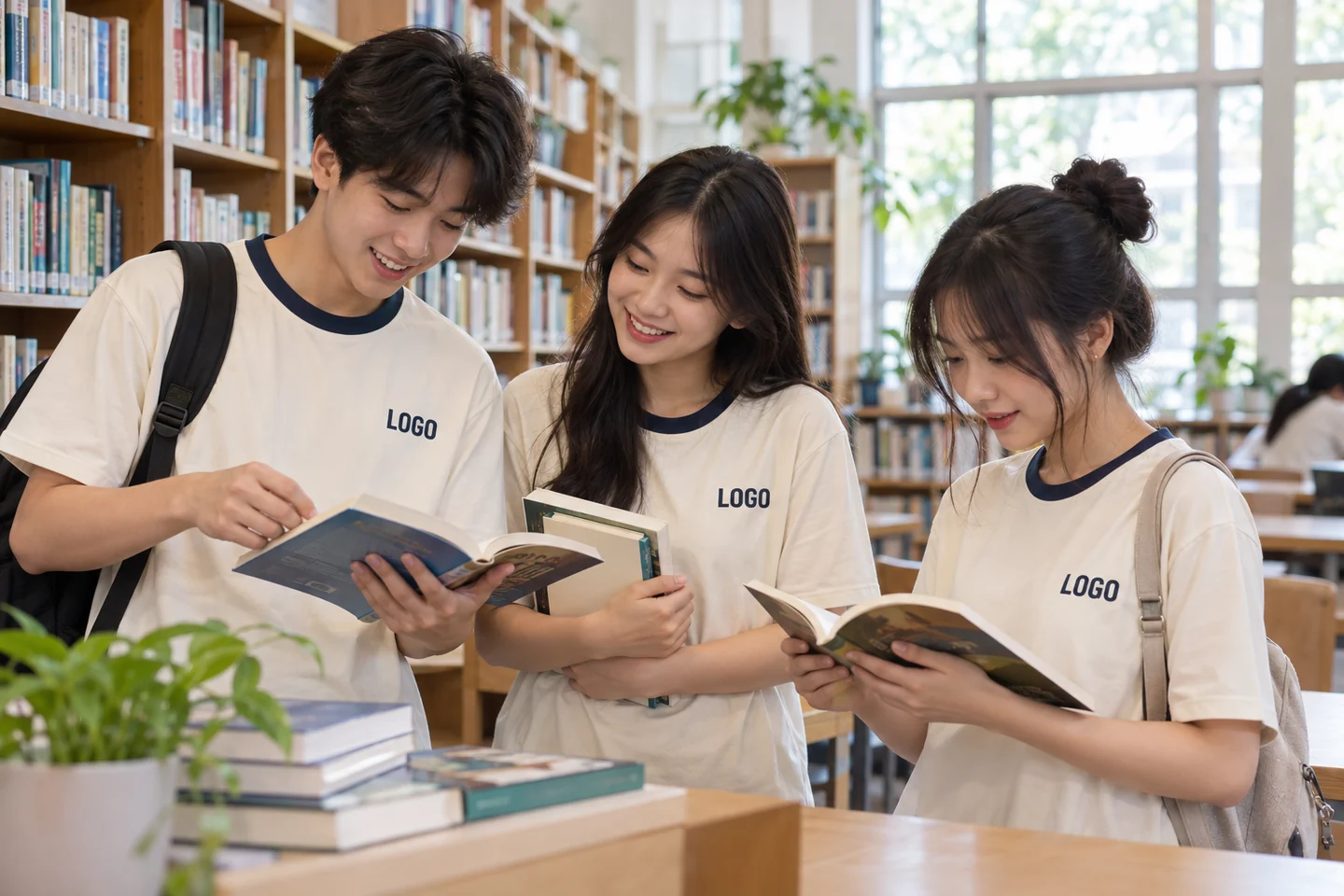 Ba học sinh khám phá thư viện