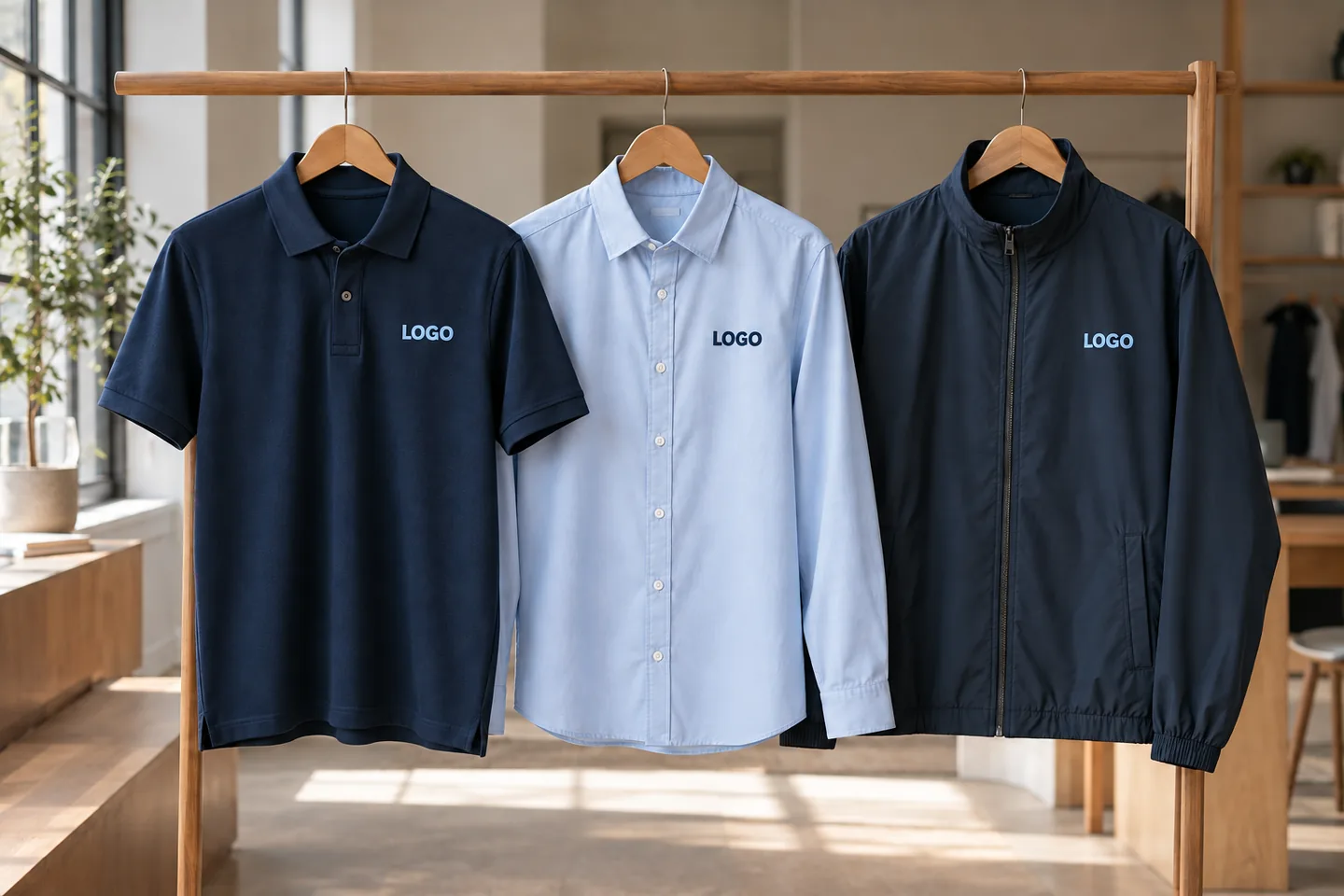 Bộ mẫu polo sơ mi và áo khoác công ty có chữ LOGO