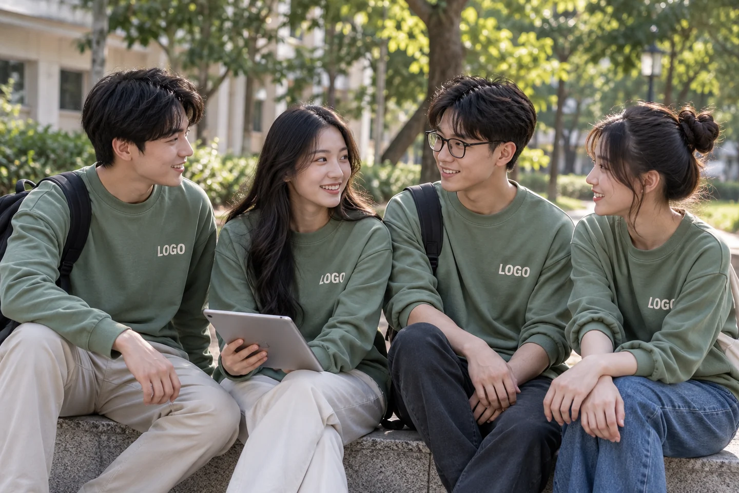 Bốn học sinh mặc áo nỉ xanh sage