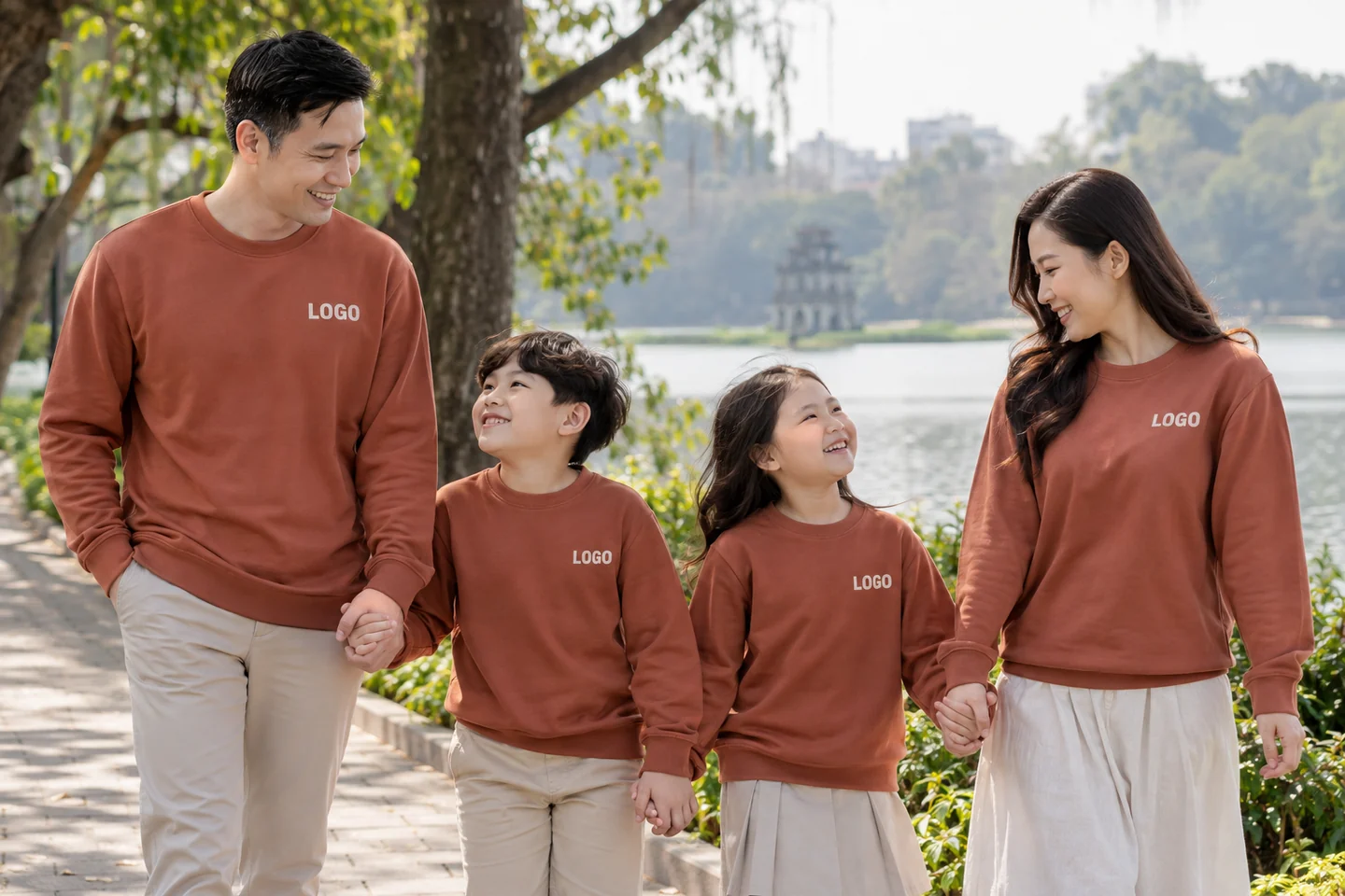 Cả nhà bên hồ trong đồng phục