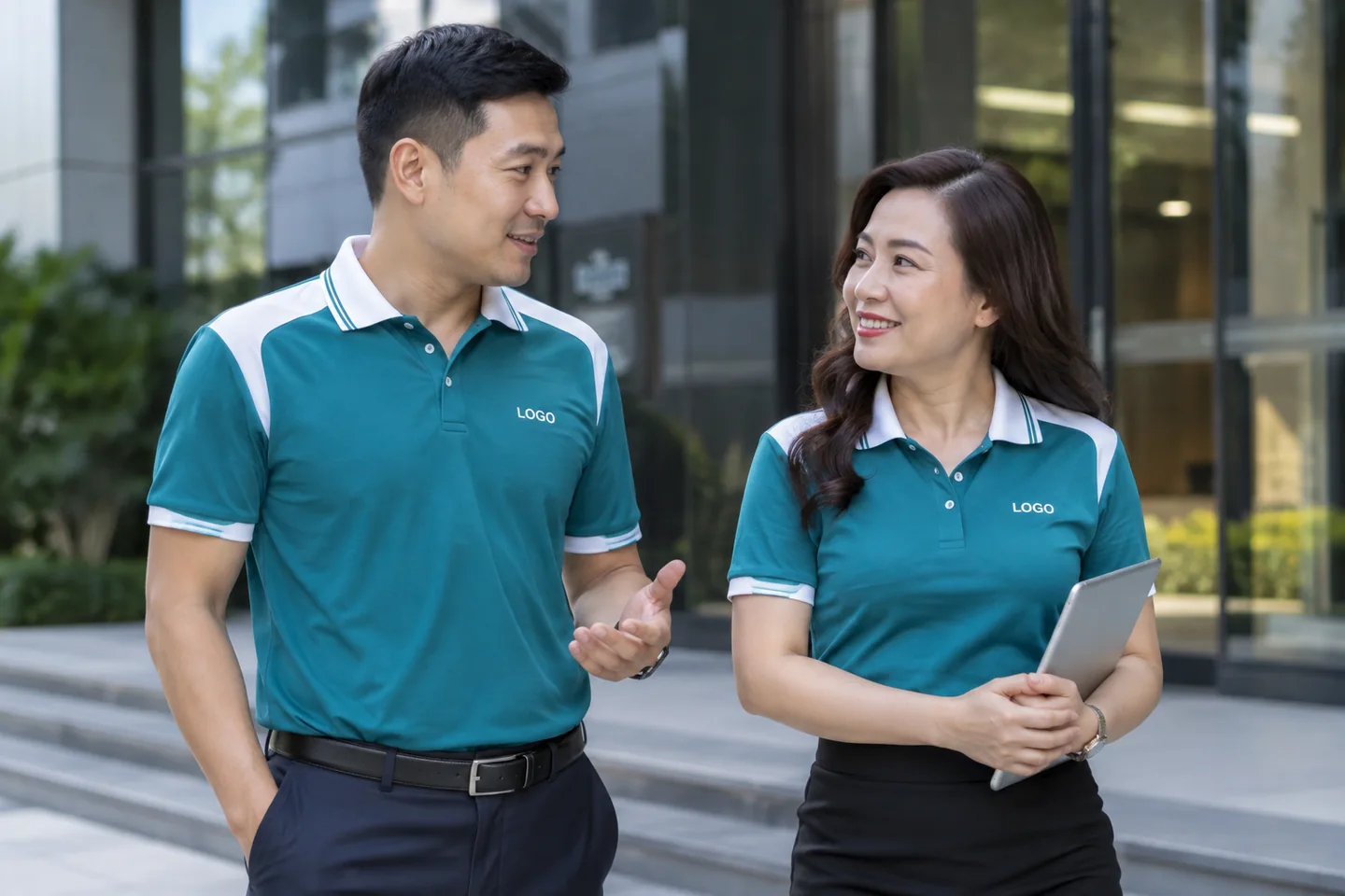 Cặp nhân viên mặc polo phối cổ và vai trắng
