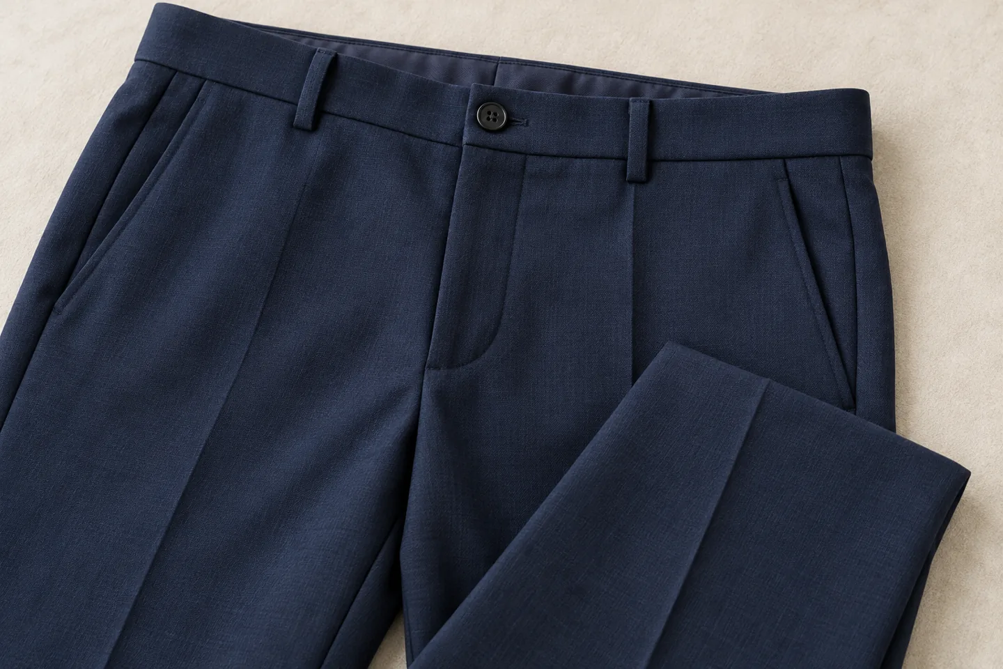 Chi tiết cạp túi và khóa quần âu công sở xanh navy