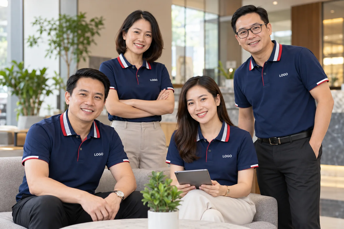 Đội ngũ công ty mặc polo navy phối đỏ trắng