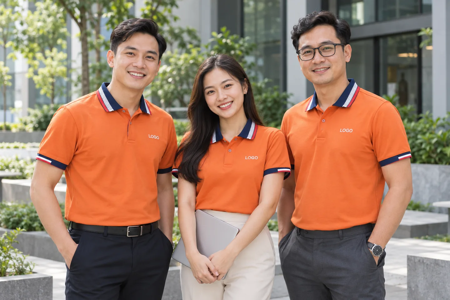 Đội nhóm mặc polo cam phối navy tại công ty