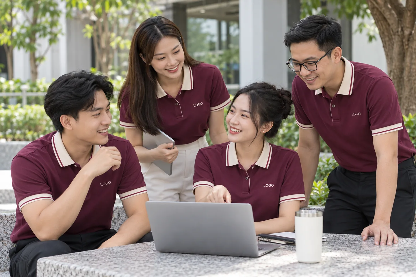 Đội nhóm mặc polo tím mận phối kem