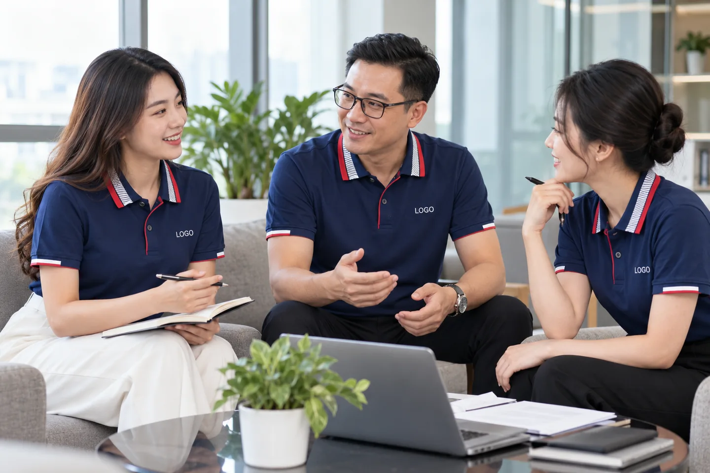 Đồng nghiệp mặc polo navy phối đỏ trắng