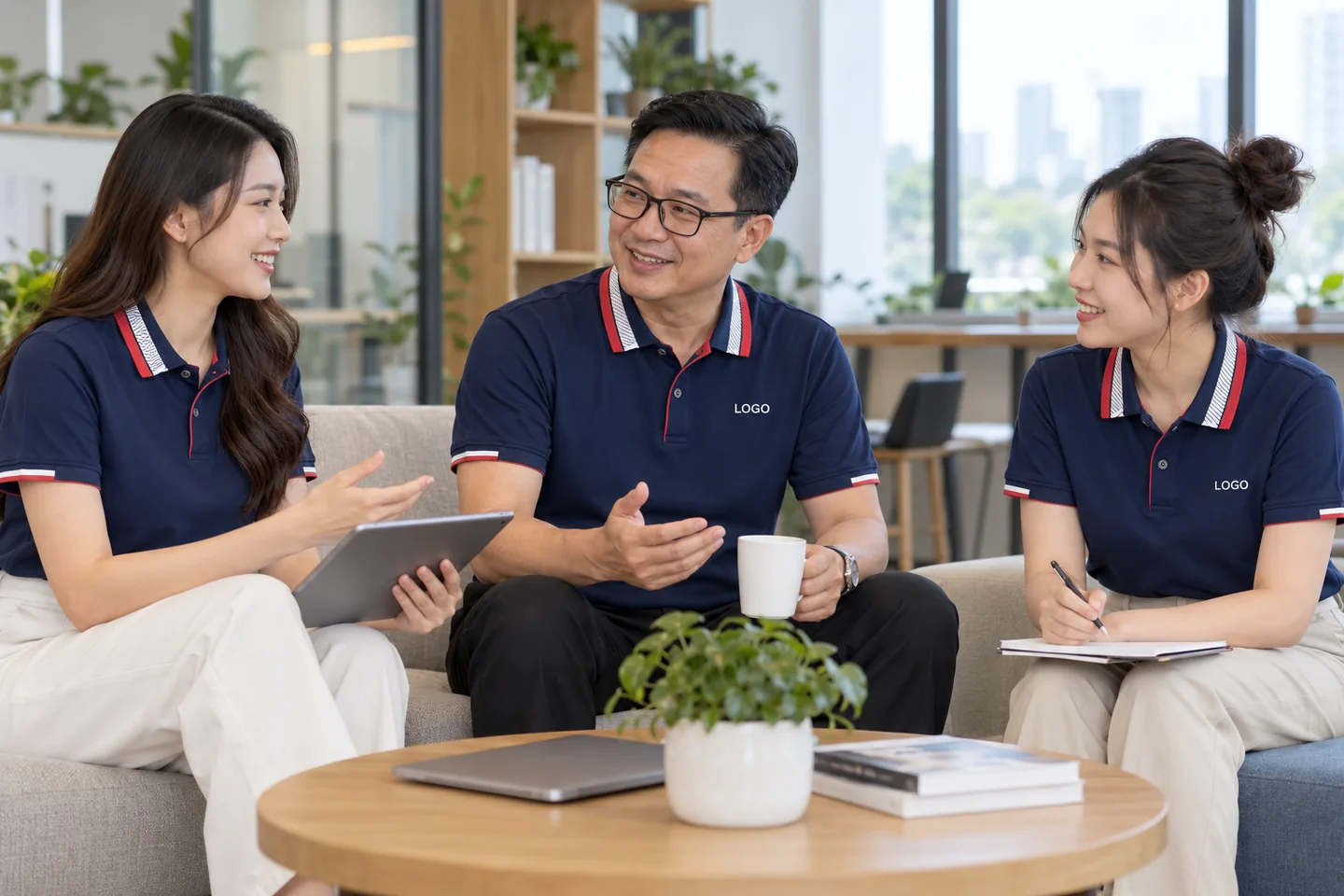 Đồng nghiệp mặc polo xanh navy phối đỏ trắng