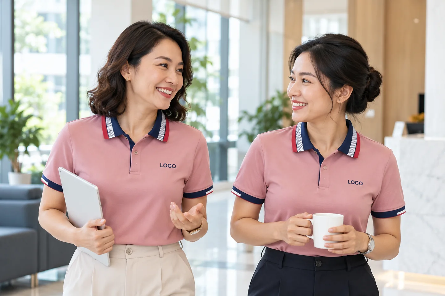 Đồng nghiệp trao đổi công việc với polo hồng phối navy