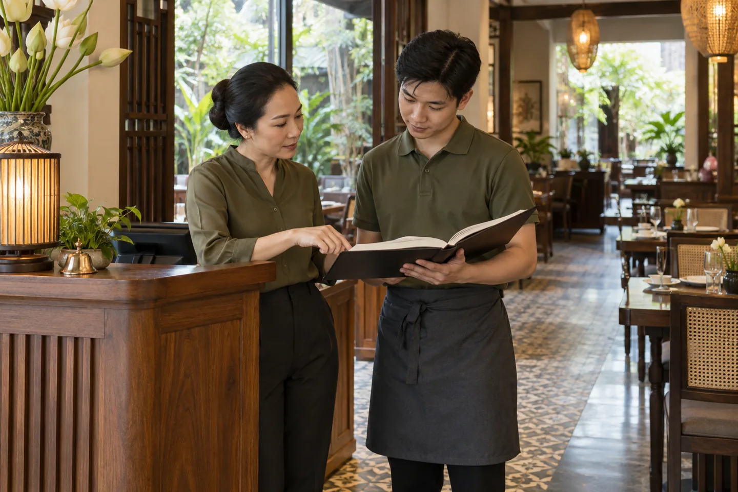 Đồng phục lễ tân và phục vụ nhà hàng cùng tông xanh olive