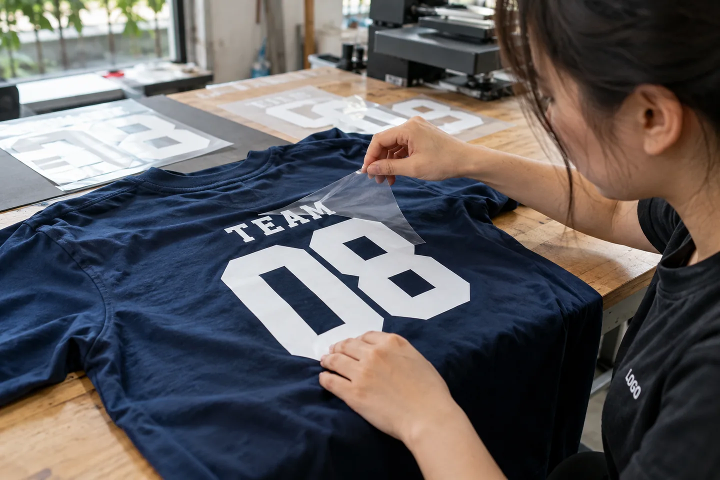 Duyệt decal tên và số trên áo thun xanh
