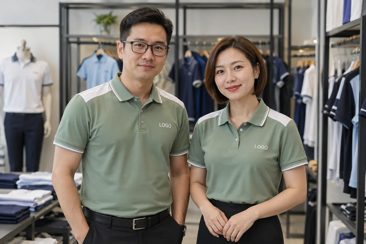 Duyệt form polo xanh sage phối trắng