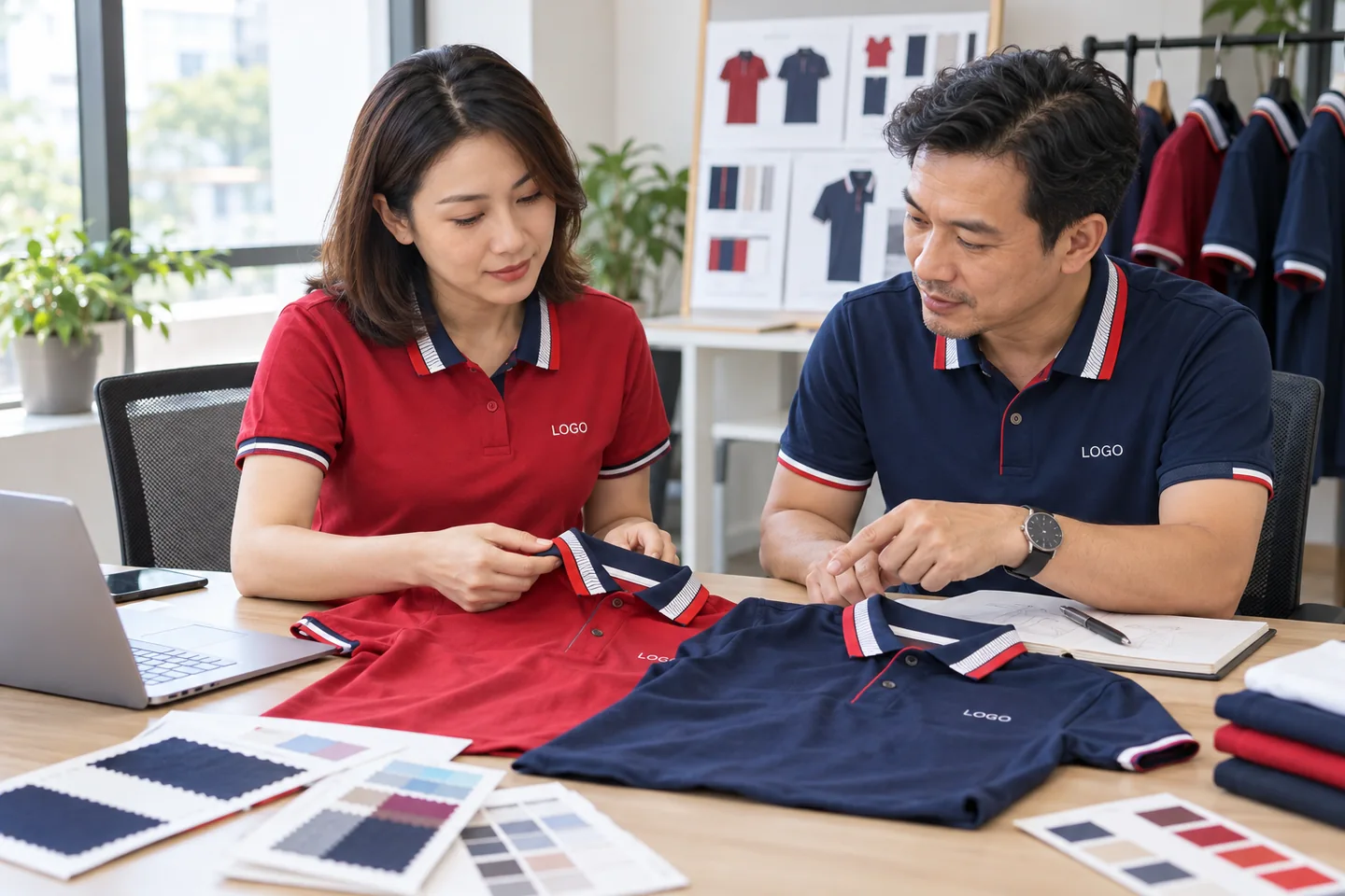 Duyệt màu polo đỏ và xanh navy cùng logo nhỏ