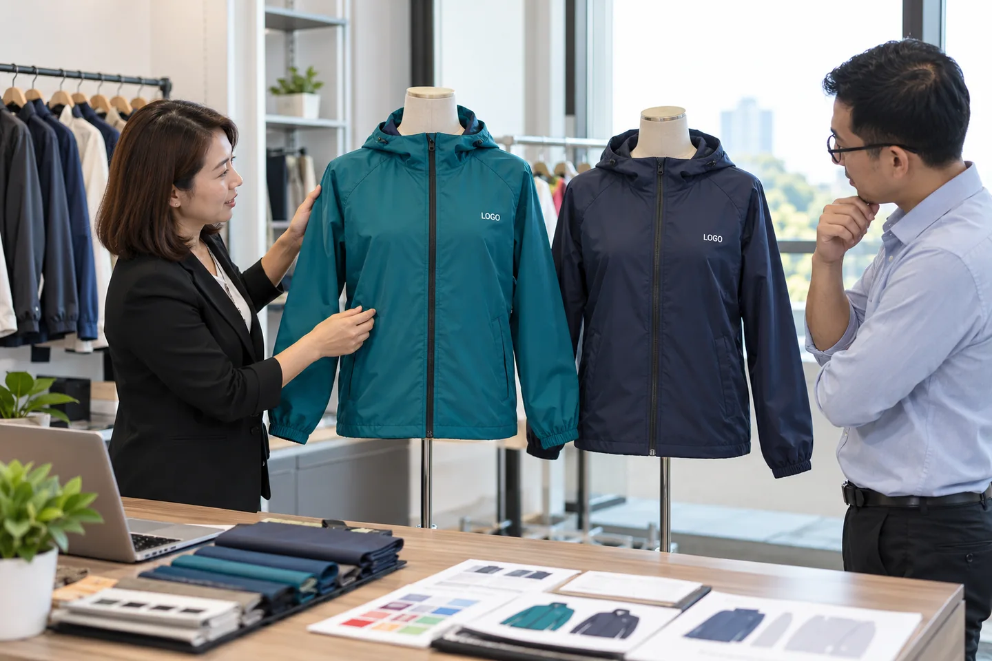 Duyệt phối màu áo gió xanh ngọc và navy