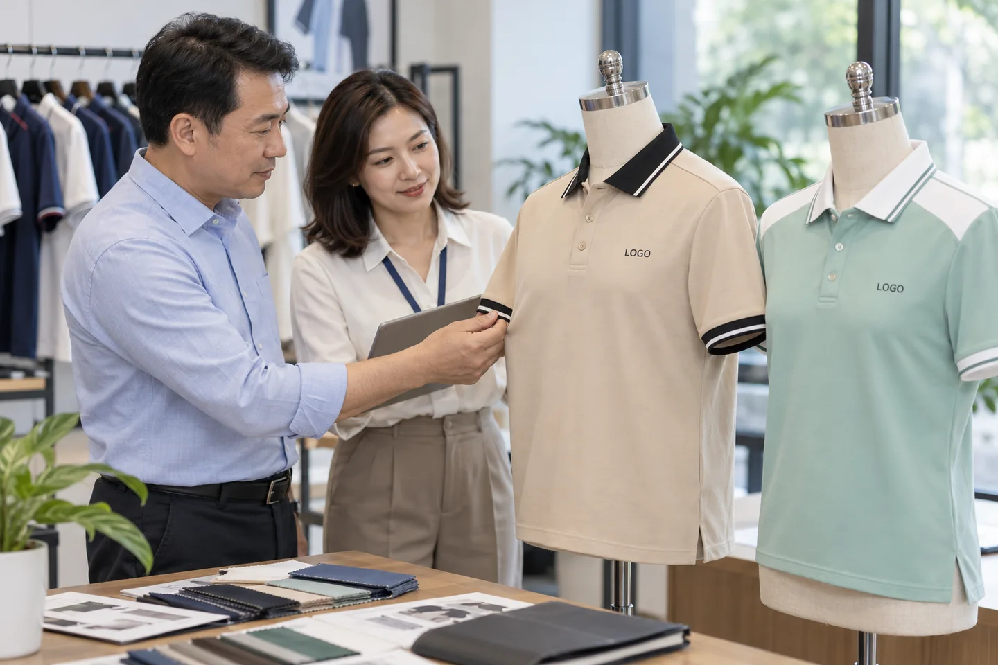 Duyệt phối polo be và xanh mint cho doanh nghiệp