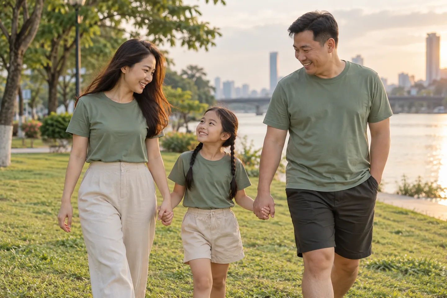 Gia đình mặc áo thun xanh sage trong chuyến dã ngoại