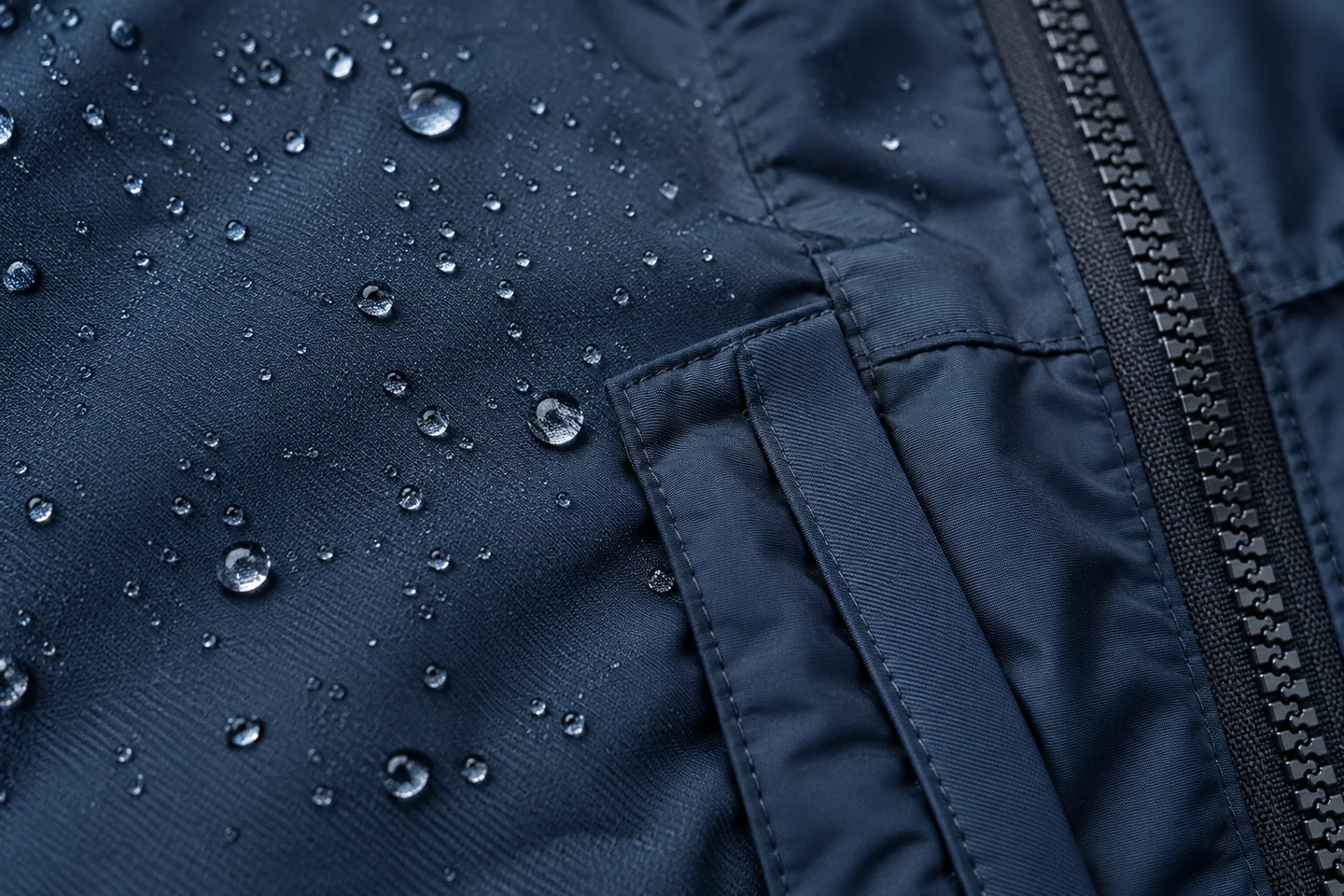 Giọt nước trên bề mặt áo khoác gió navy