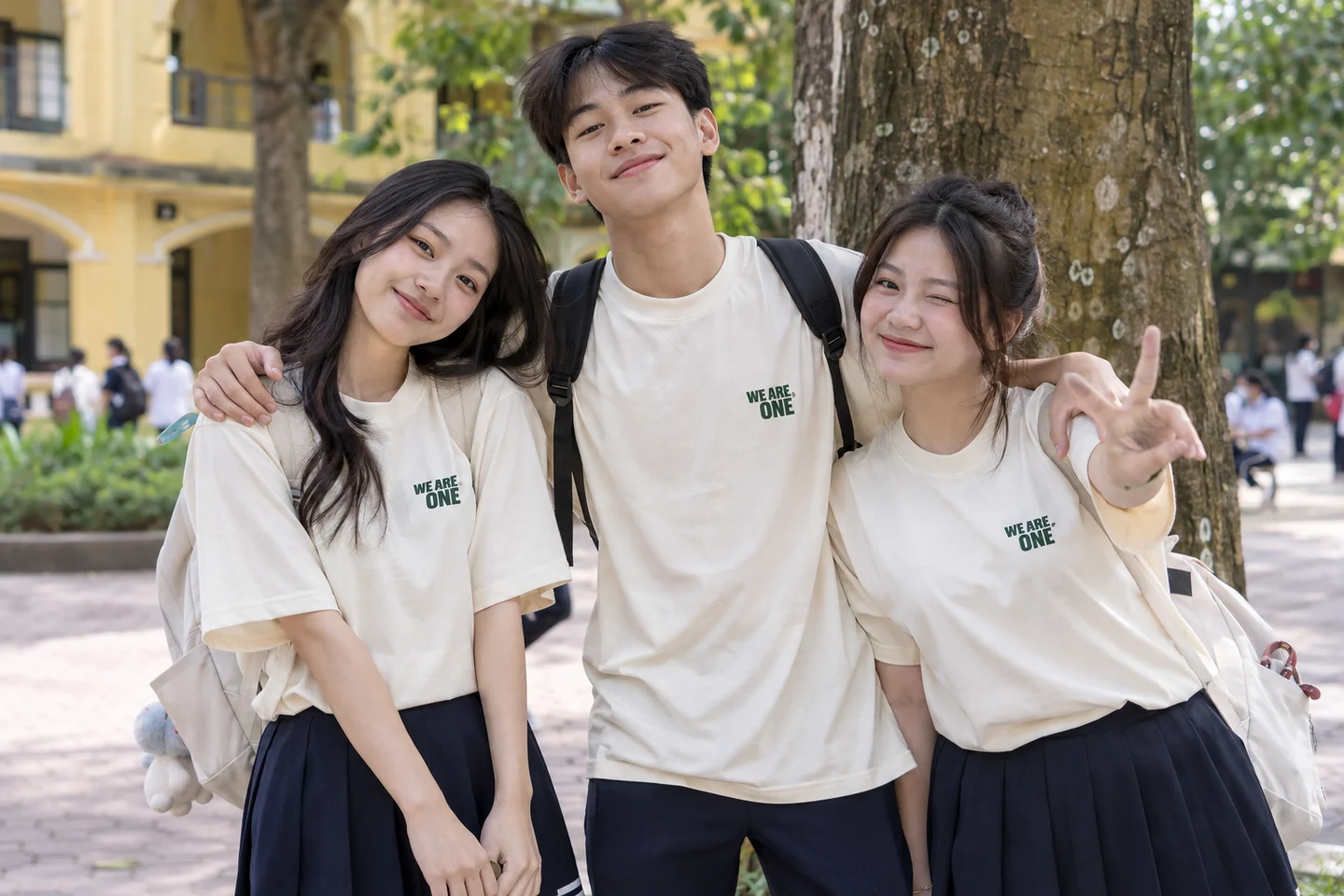 Học sinh mặc áo lớp có dòng chữ WE ARE ONE