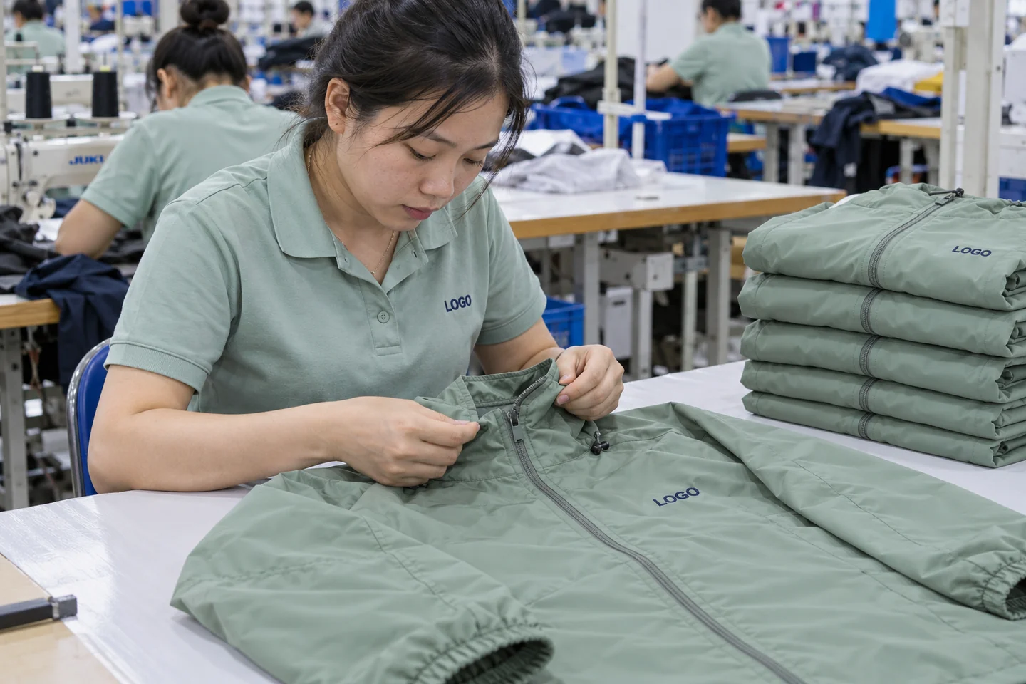 Kiểm tra áo khoác gió trước khi đóng gói