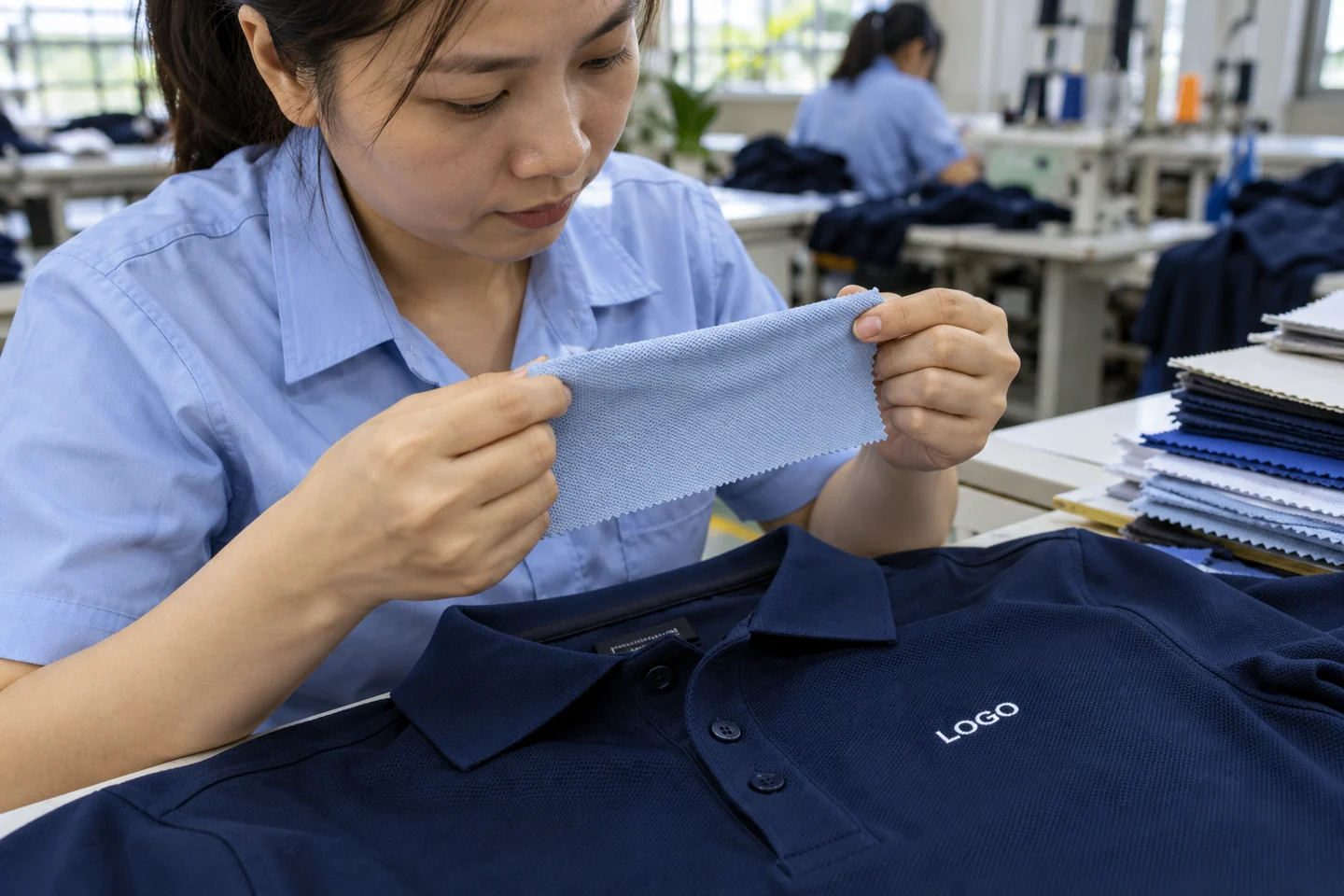 Kiểm tra độ co giãn vải áo polo