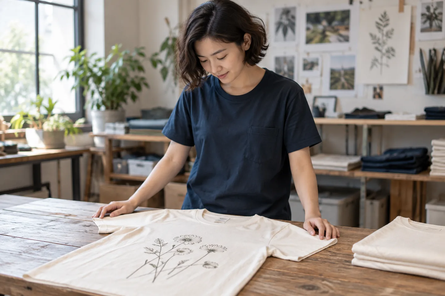 Kiểm tra hình in nhỏ trên áo thun cotton màu kem